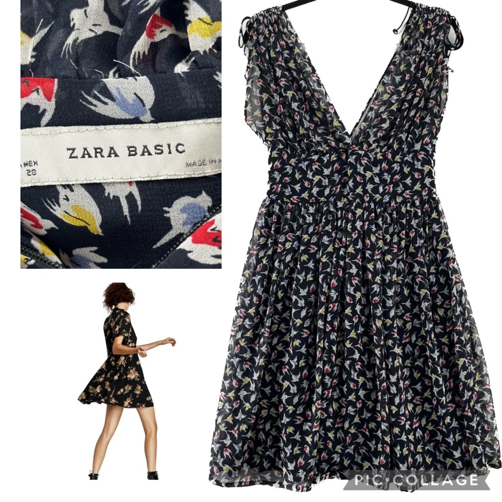 ZARA BASIC Bird Pattern Deep V Neck Sleeveless Summer Dress size XS